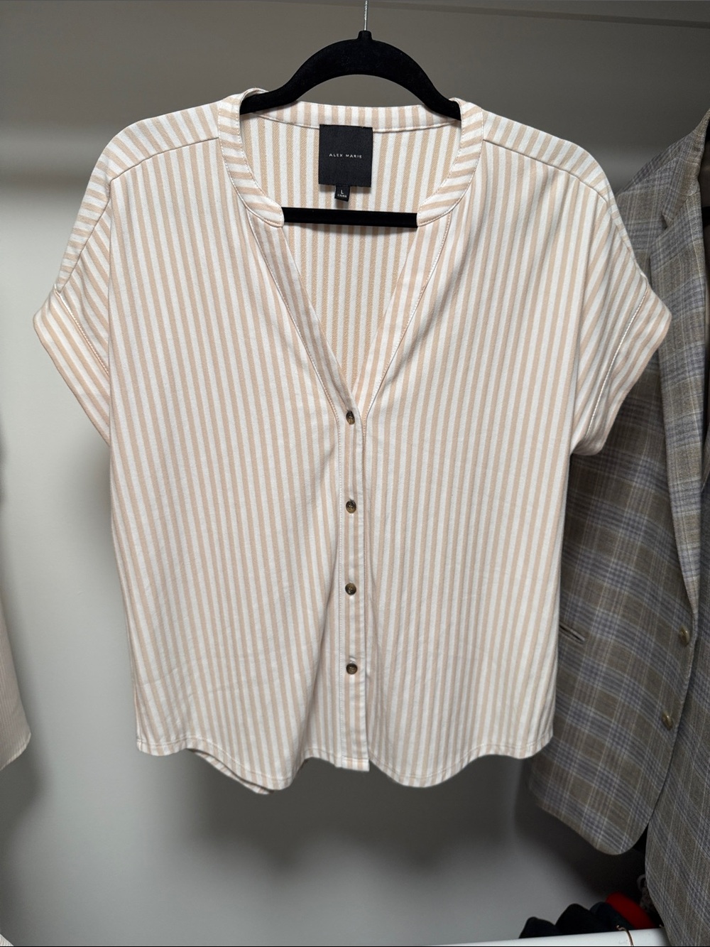 Alex Marie Beige and White Striped Short-Sleeve Button Down Top